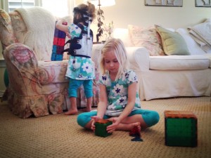 Girls playing with magnatiles
