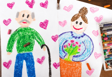 A crayon drawing of a grandma and grandpa.