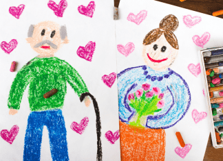 A crayon drawing of a grandma and grandpa.