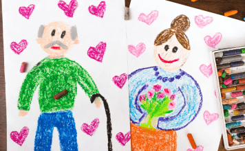 A crayon drawing of a grandma and grandpa.