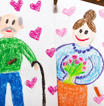 A crayon drawing of a grandma and grandpa.