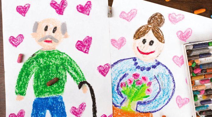 A crayon drawing of a grandma and grandpa.