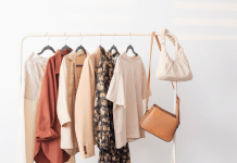 A capsule wardrobe in pretty mauve and neutral tones with 2 handbags