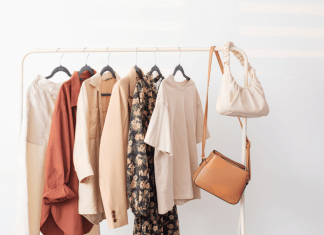 A capsule wardrobe in pretty mauve and neutral tones with 2 handbags