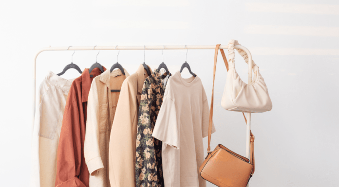 A capsule wardrobe in pretty mauve and neutral tones with 2 handbags