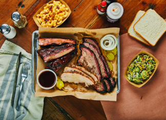 tray of BBQ and sides in Dallas