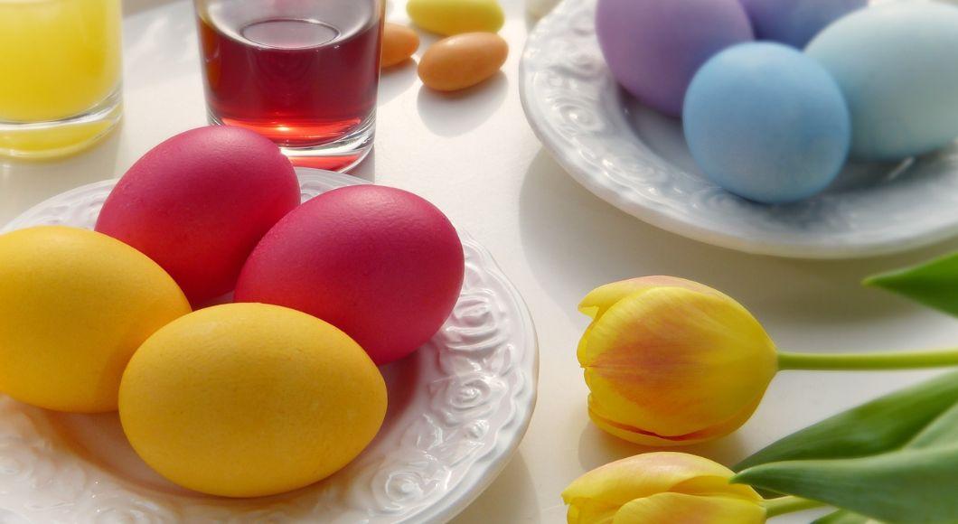 Dyed easter eggs and tulips on table.