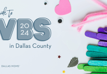 "Guide to VBS in Dallas County 2024" with colorful popsicle sticks, pipe cleaners, and art supplies.