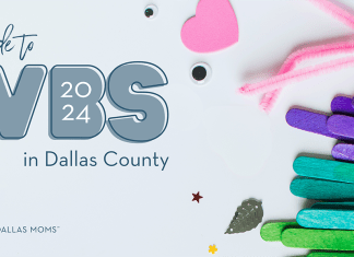"Guide to VBS in Dallas County 2024" with colorful popsicle sticks, pipe cleaners, and art supplies.