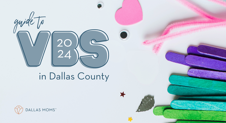 "Guide to VBS in Dallas County 2024" with colorful popsicle sticks, pipe cleaners, and art supplies.