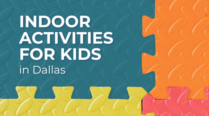 A puzzle play mat with the words "Indoor activities for kids in Dallas."