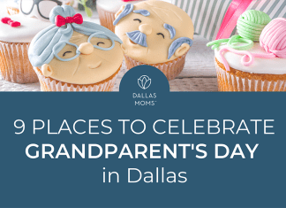 Cupcakes decorated as a graying grandma and grandpa with title "Dallas Moms 9 Places to Celebrate Grandparent's Day in Dallas."