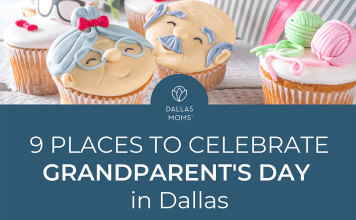 Cupcakes decorated as a graying grandma and grandpa with title "Dallas Moms 9 Places to Celebrate Grandparent's Day in Dallas."