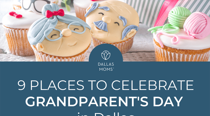 Cupcakes decorated as a graying grandma and grandpa with title "Dallas Moms 9 Places to Celebrate Grandparent's Day in Dallas."