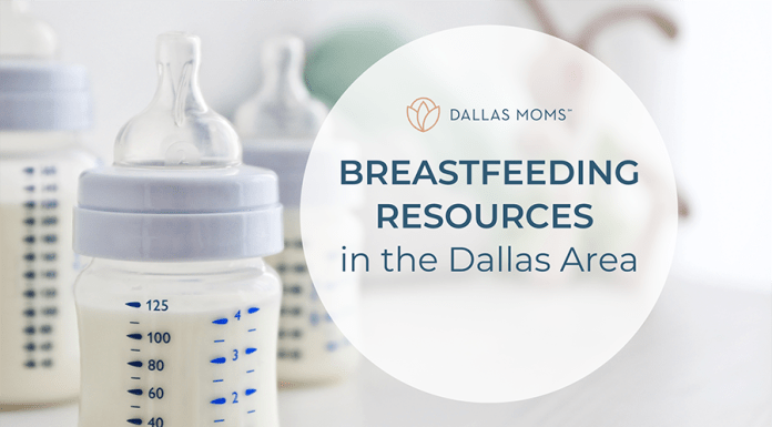 A bottle of milk next to the title, Dallas Moms breastfeeding resources in the Dallas area